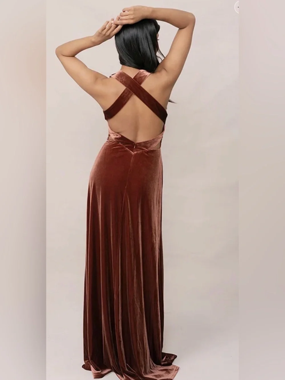 Revelry Sleeveless Plunge Velvet Maxi Dress in Terracotta